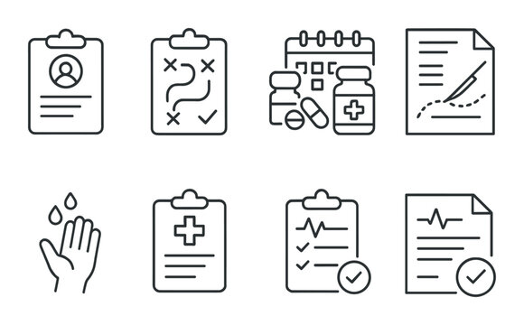Medical protocol linear icons set – outline, healthcare and treatment symbols