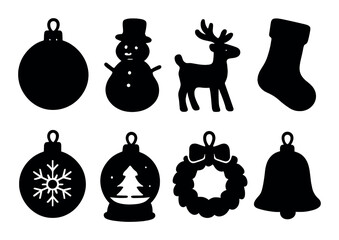 Christmas ornament silhouette icons set – holiday, festive and decorative symbols
