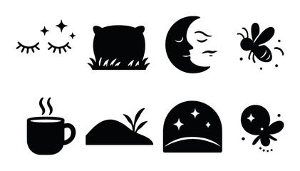 Peaceful night silhouette icons set – sleep, calming, and serene nighttime symbols