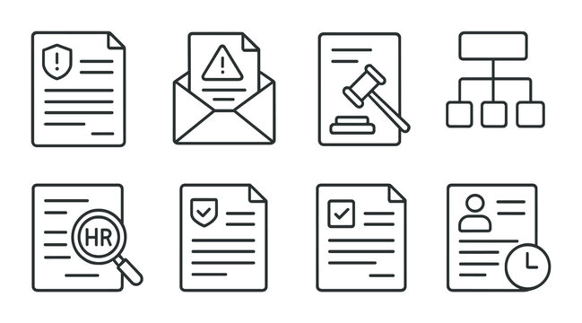 Disciplinary procedure linear icons set – outline, workflow and compliance symbols