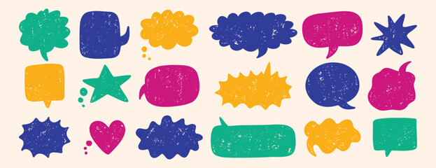 text boxes and speech bubbles with grunge crayon or color chalk texture set. Retro vintage illustration on a white background.
