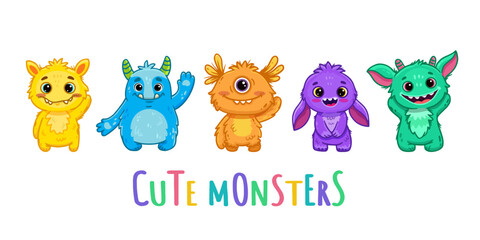 Big set of cartoon monsters. Cute monsters. Kids funny character design for posters, cards., magazins. Vector illustration
