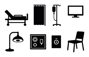 Hospital room silhouette icons set – medical, healthcare, patient care symbols