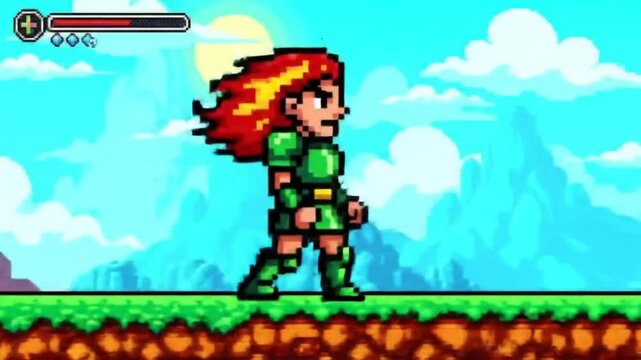 Pixelated Warrior: Green Armor, Flaming Hair, Fantasy Landscape.