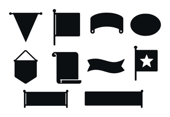 Banners and flags silhouette icons set – simple shapes for design and decoration