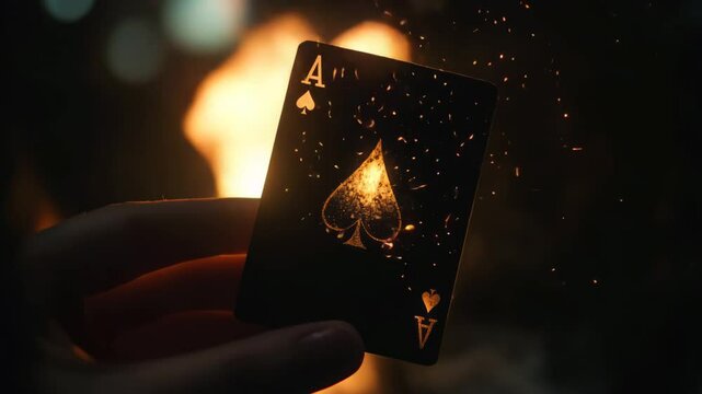 Dramatic ace of spades in fiery glow with sparkling embers and hand movement amid warm flames