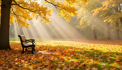 Scenic park bench surrounded by autumn leaves with sun rays  