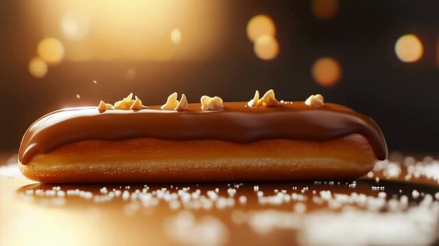 Glazed eclair with nuts on sprinkled surface under soft warm lights