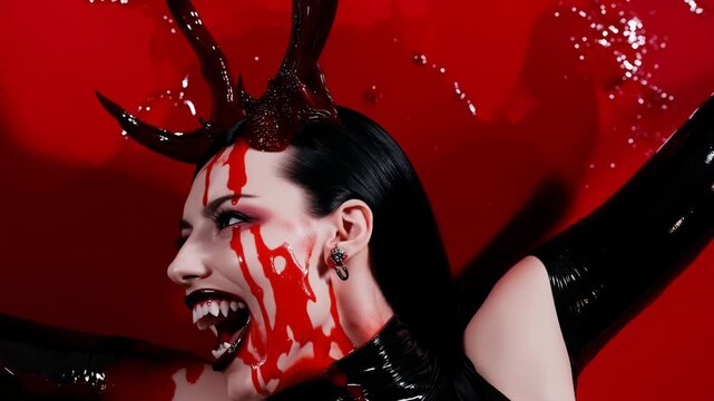 Dramatic vampire transformation with red splatter and intense expression
