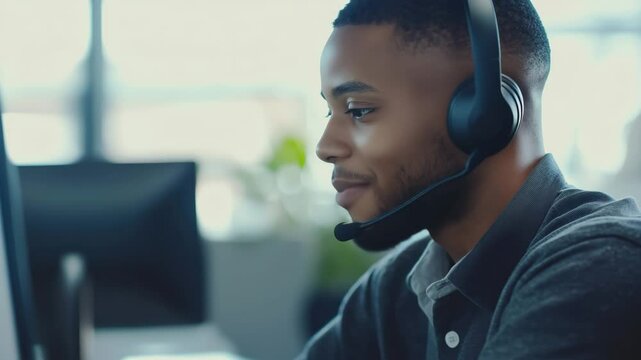 Focused customer support representative communicating efficiently through headset