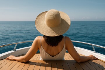 Rear View of a Woman in a Sun Hat Relaxing on the Deck of a Luxury Yacht Overlooking a Calm Blue Ocean Serene Escape