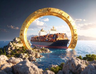 Navigation icon hole towards a mythical cargo container ship in the ocean " ai generator "
