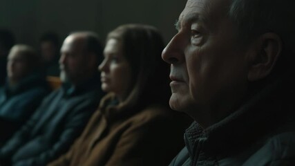 Attentive audience in dimly lit auditorium watching presentation with focused expressions