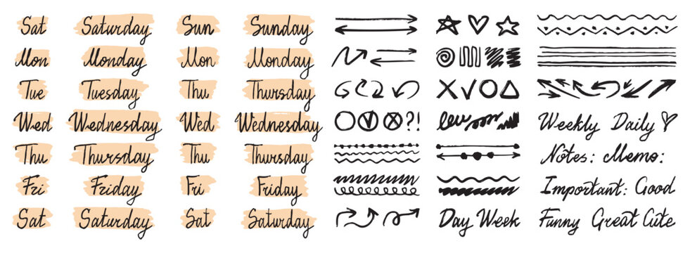 doodle hand drawn lettering days of week. Sunday, Monday, Tuesday, Wednesday, Thursday, Friday and Saturday. Text borders. Stickers for planner, journal. vintage italic handwritten days week clipart.