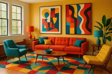 Vibrant Mid Century Modern Living Room Eclectic Interior Design with Vintage Furniture Bold Colors and Contemporary Art