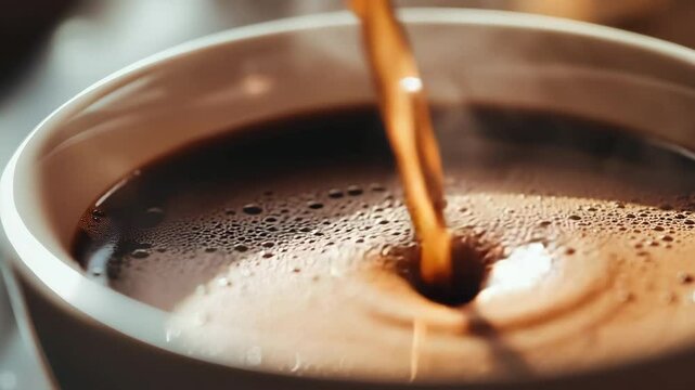 Warm brew spill: pouring coffee creating swirling aroma in a white mug