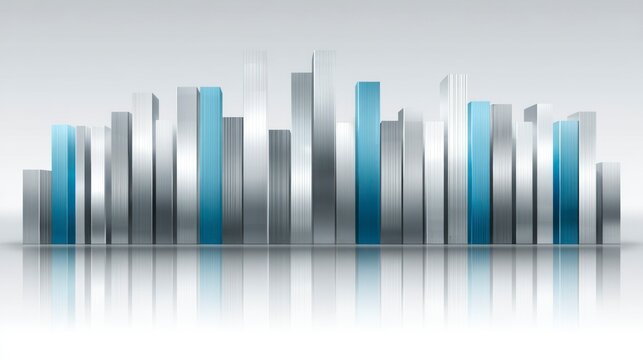Abstract 3D Bar Graph with Reflective Surface and Blue Highlights for Business Data Visualizati