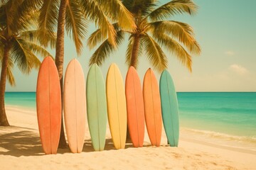 Vintage Pastel Surfboards Lined Up on a Sun Kissed Tropical Beach Paradise Retro Summer Vacation Scene with Palm Trees