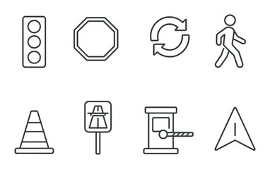 Traffic control outline icons set – road safety, simple navigation symbols