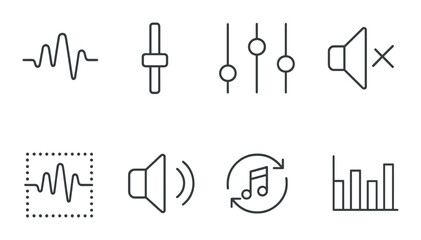Audio editing line icons set – outline, sound and music production elements