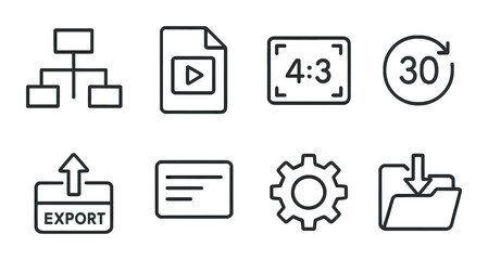 Export and settings outline icons set &ndash; symbols for data, preferences, and tools