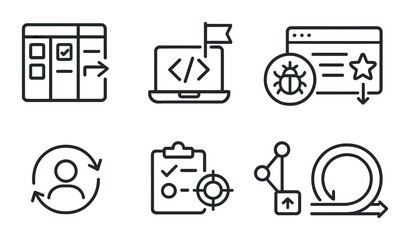 Agile development outline icons set – linear, project management and team workflow symbols