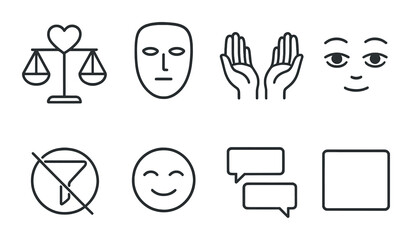 Nonjudgmental outline icons set – simple empathy, acceptance and understanding symbols