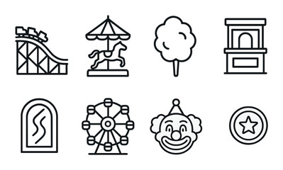 Amusement park silhouette icons set – entertainment, funfair and carnival symbols