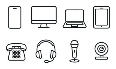 Communication devices line icons set – outline, gadgets and technology symbols