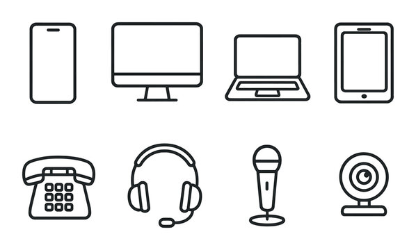 Communication devices line icons set – outline, gadgets and technology symbols