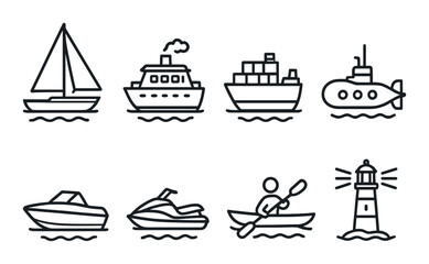 Water transport outline icons set – silhouette, aquatic and maritime symbol collection