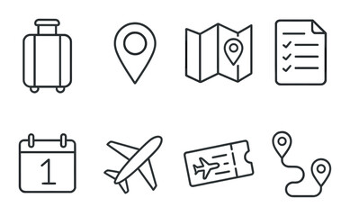 Travel and tourism outline icons set – map, location, and flight symbols