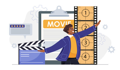 Movie director man. Young guy near directors clapperboard and film reel. Entertainment and leisure. Filmmaking and cinematography. Talented content creator. Flat vector illustration