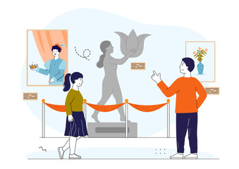 Visitors in museum. Man and woman looking at stone statue. Art object at exhibition. Cultural recreation and leisure. Tourists and travelers in museum. Linear vector illustration
