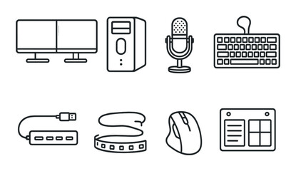 Tech workspace silhouette icons set – sleek, modern and digital design essentials
