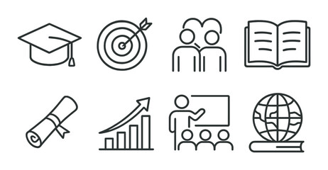 Educational mission outline icons set – learning, teaching, academic symbols