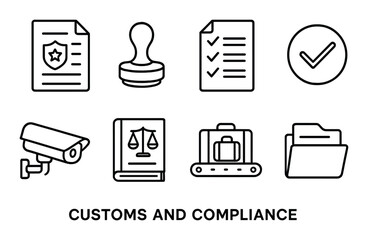 Customs and compliance outline icons set – silhouette, regulation and audit symbols