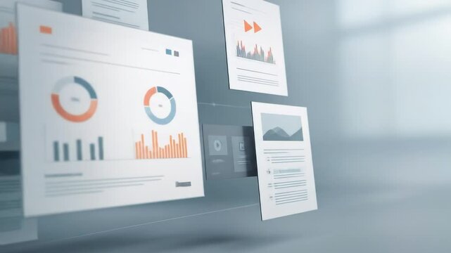Dynamic charts showcasing performance metrics and analytics are shown hovering in a contemporary office setting. The visuals highlight trends and data insights in real time