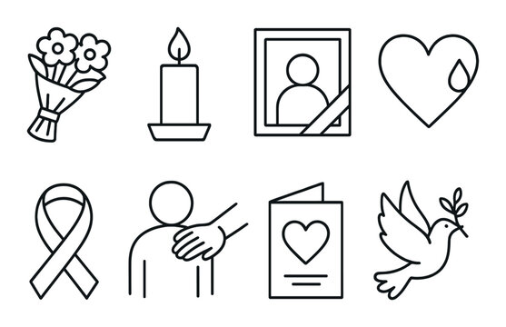 Grief and mourning line icons set – outline, remembrance and memorial symbols