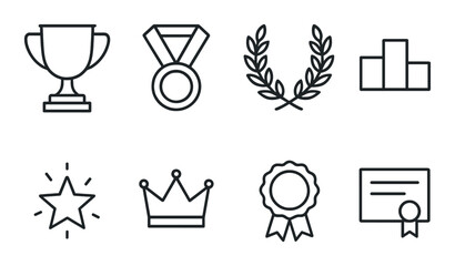 Achievement outline icons set – silhouette, awards and success symbols for recognition