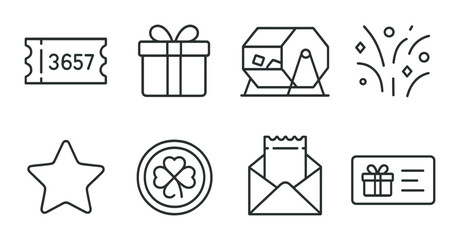 Raffle and lottery outline icons set &ndash; prize draw, giveaway and winner symbols