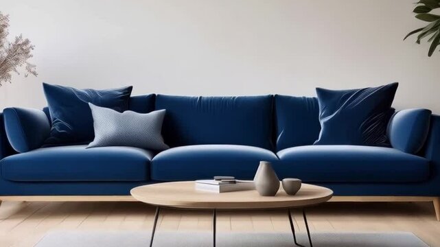 Ein schlichtes Wohnzimmer mit einer navyblauen Couch und einem Teppich in Naturt&ouml;nen. Die Einrichtung ist klar strukturiert, mit wenigen, aber gezielt gesetzten Deko-Elementen f&uuml;r ein modernes Wohngef
