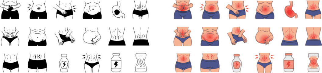 vector set of Bloating icons set. People experiencing digestive problems, discomfort, and symptoms related to stomach and gut health

