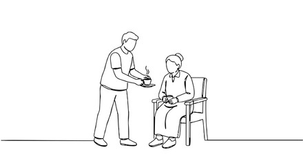 Obraz premium Grandson bringing tea to grandmother in armchair, line style PNG illustration on transparent background