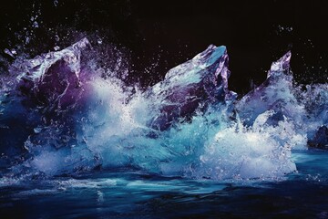Obraz premium Icy formations clash with turbulent water, spraying droplets in a dynamic and visually stunning display against a dark backdrop.