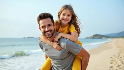 Happy father and daughter enjoying a sunny beach day playful piggyback ride ocean waves summer family fun joyful carefree moment beach vacation - Powered by Adobe