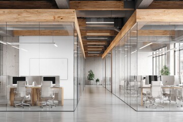 Modern Office Interior with Glass Walls and Wooden Accents in Bright Light