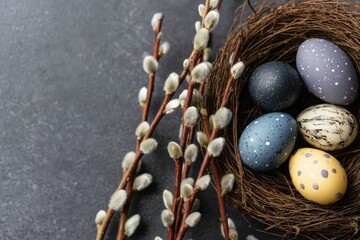 Easter Eggs In A Nest With Willow Branches