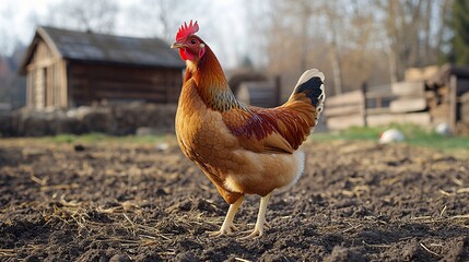 Fototapeta premium Brown Hen in a Rustic Farm Setting