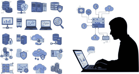 Dedicated server icons set. System administrator working on laptop, managing data storage, server and cloud computing with security and financial analytics